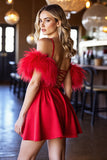 A Line Red Homecoming Dress with Feathers