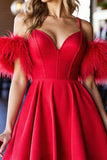 A Line Red Homecoming Dress with Feathers