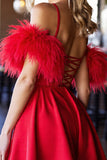 A Line Red Homecoming Dress with Feathers