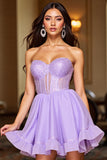Strapless Purple Corset Homecoming Dress with Beading