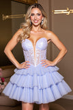 Strapless Tiered Lavender Corset Appliqued Homecoming Dress