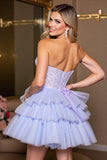 Strapless Tiered Lavender Corset Appliqued Homecoming Dress