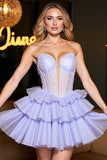 Strapless Tiered Lavender Corset Appliqued Homecoming Dress