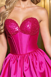Fuchsia A Line Satin Strapless Homecoming Dress with Beading