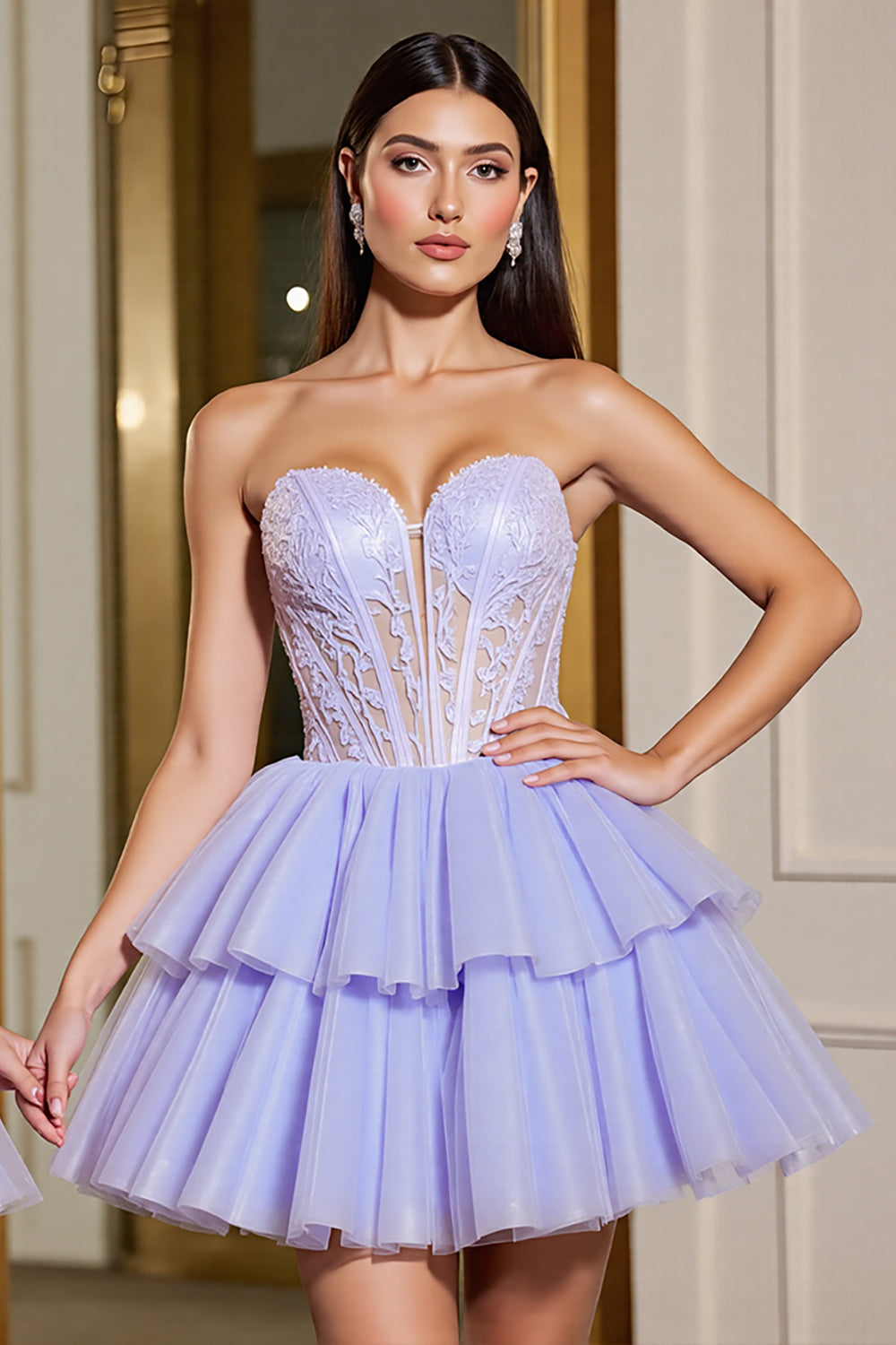 Lavender Strapless Tulle Corset Appliqued Homecoming Dress
