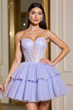 Lavender Strapless Tulle Corset Appliqued Homecoming Dress