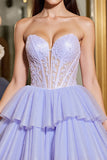 Lavender Strapless Tulle Corset Appliqued Homecoming Dress