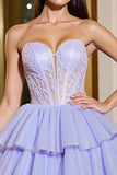 Lavender Strapless Tulle Corset Appliqued Homecoming Dress