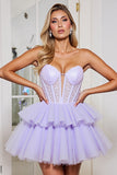 Strapless Corset Purple Appliqued Homecoming Dress