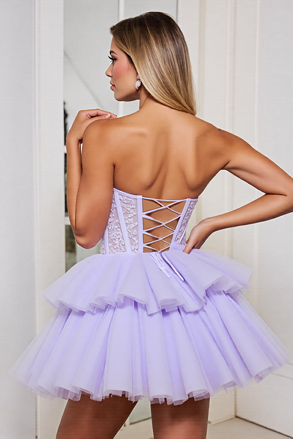 Strapless Corset Purple Appliqued Homecoming Dress