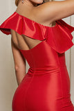 One Shoulder Red Satin Ruffled Homecoming Dress with Slit