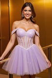 Lilac Corset Tulle Off The Shoulder Homecoming Dress with Beading