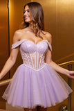 Lilac Corset Tulle Off The Shoulder Homecoming Dress with Beading