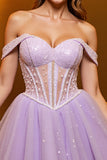 Lilac Corset Tulle Off The Shoulder Homecoming Dress with Beading