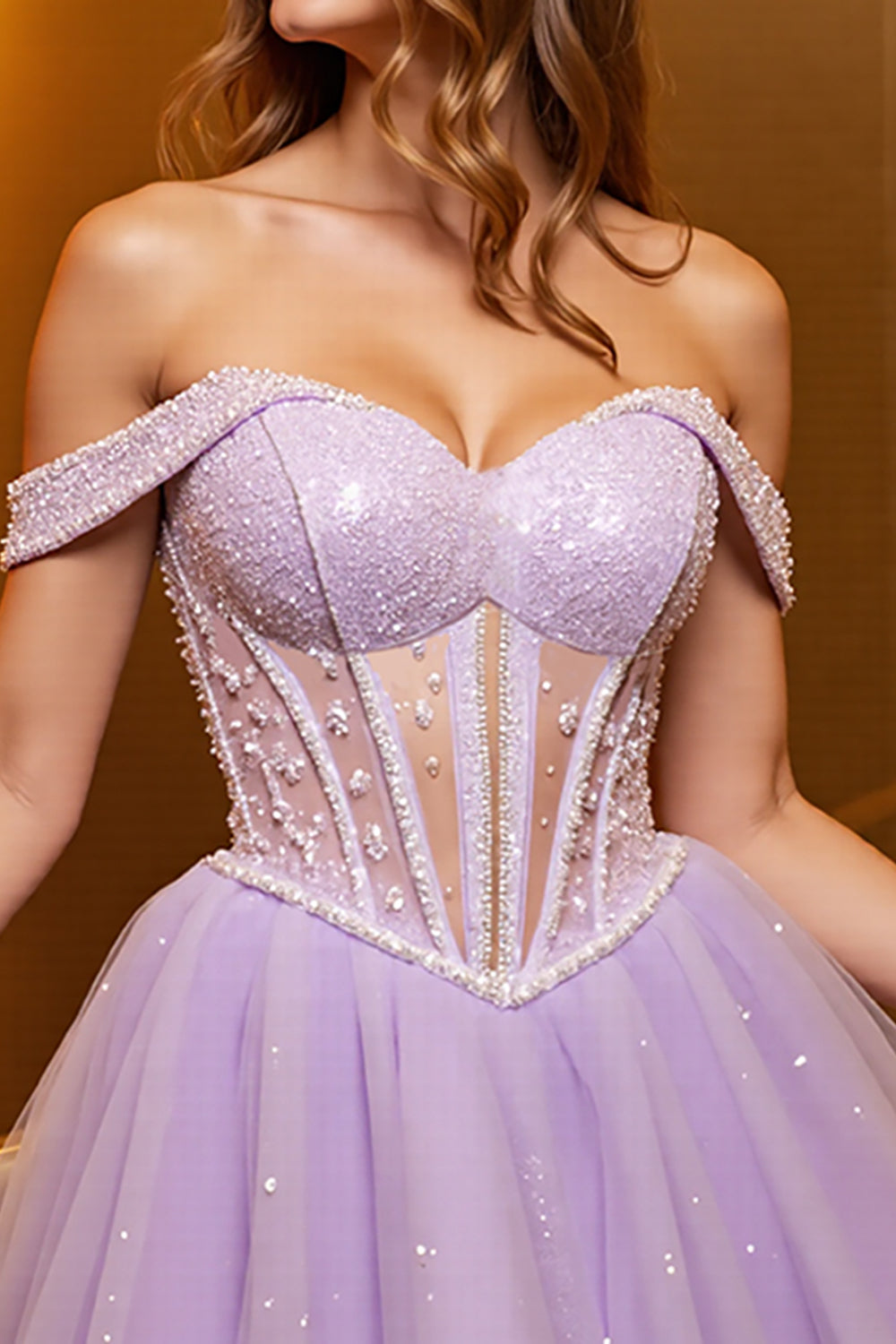 Lilac Corset Tulle Off The Shoulder Homecoming Dress with Beading