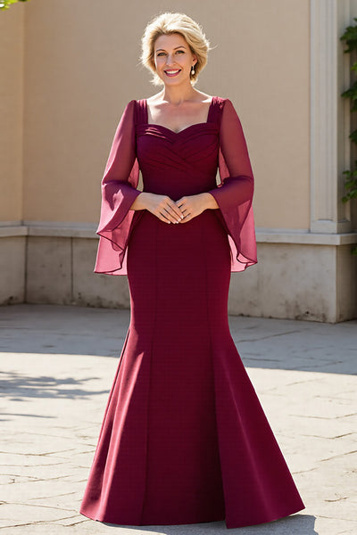 Berylove Women Burgundy Mother Of The Bride Dress Mermaid Long Sleeve Square Neck Long Wedding Guest Dress Berylove Women Burgundy Mother Of The Bride Dress Mermaid Long Sleeve Square Neck Long Wedding Guest Dress