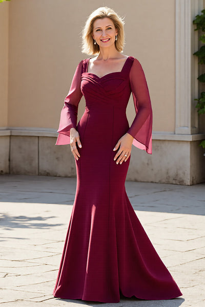 Berylove Women Burgundy Mother Of The Bride Dress Mermaid Long Sleeve Square Neck Long Wedding Guest Dress, Burgundy / US26W