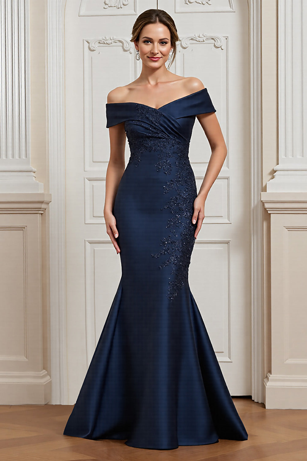 Off The Shoulder Mermaid Navy Formal Dress with Appliques