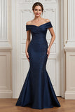 Off The Shoulder Mermaid Navy Formal Dress with Appliques