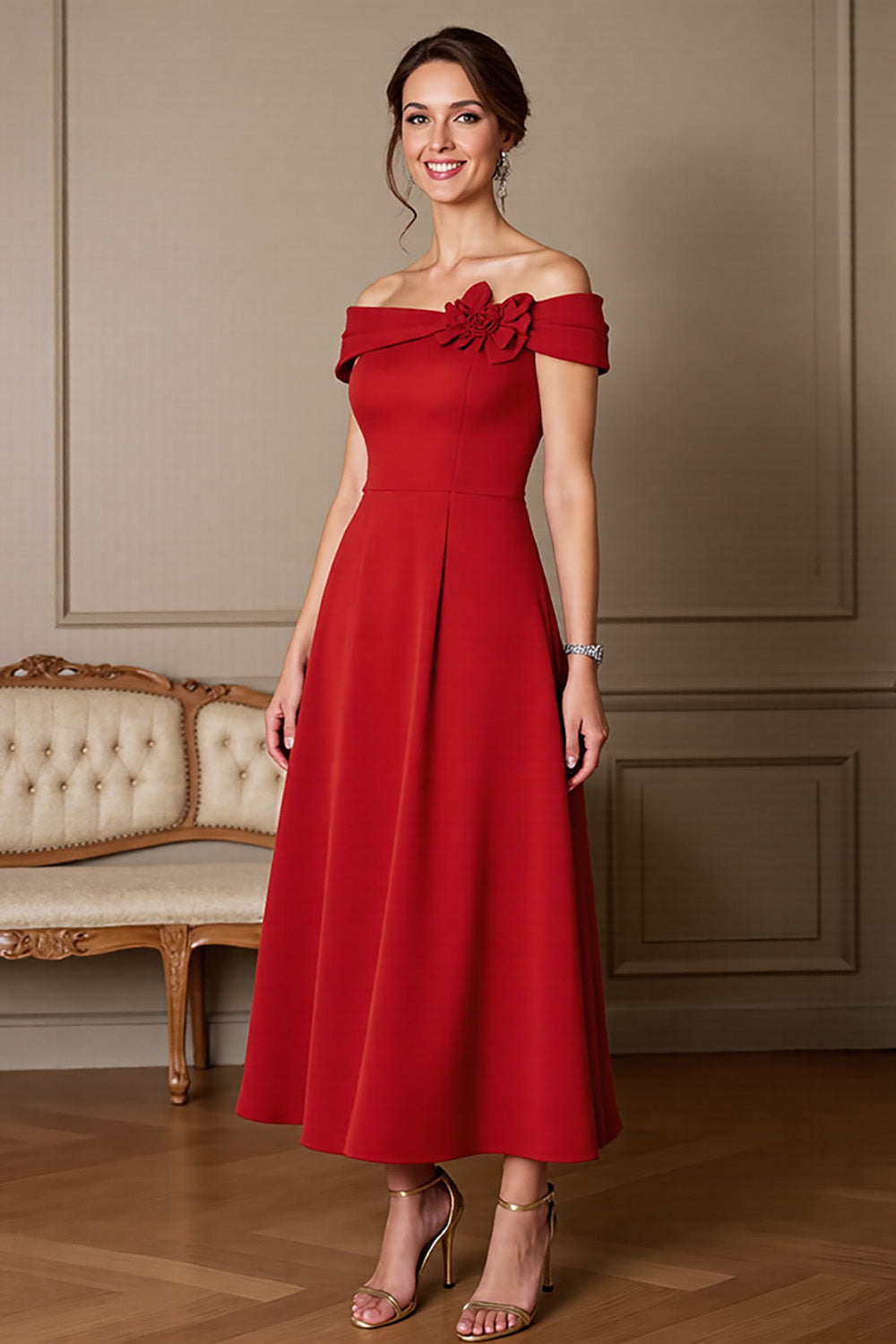 Off The Shoulder Dark Red A Line Mother of the Bride Dress with 3D Flower