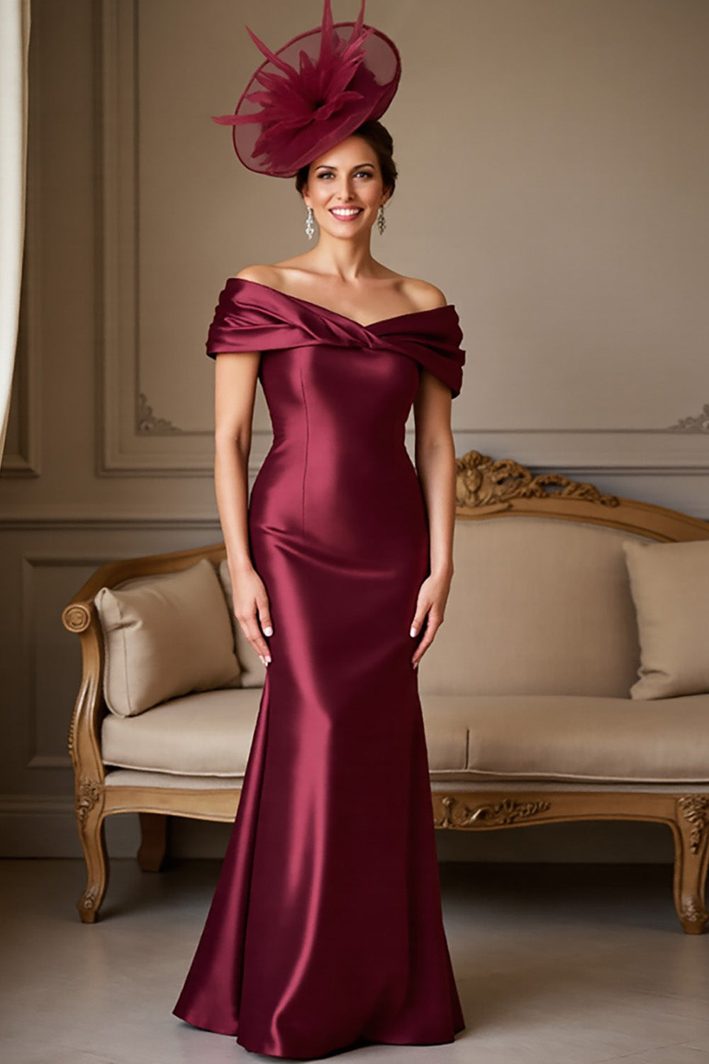 Off The Shoulder Mermaid Burgundy Satin Mother of the Bride Dress