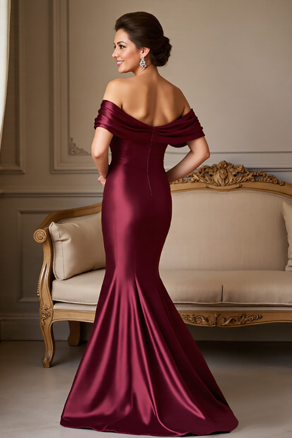 Off The Shoulder Mermaid Burgundy Satin Mother of the Bride Dress