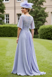 Chiffon Grey Blue A Line Appliqued Mother of the Bride Dress