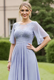 Chiffon Grey Blue A Line Appliqued Mother of the Bride Dress