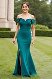 Off The Shoulder Mermaid Peacock Green Formal Dress with Slit