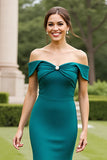 Off The Shoulder Mermaid Peacock Green Formal Dress with Slit