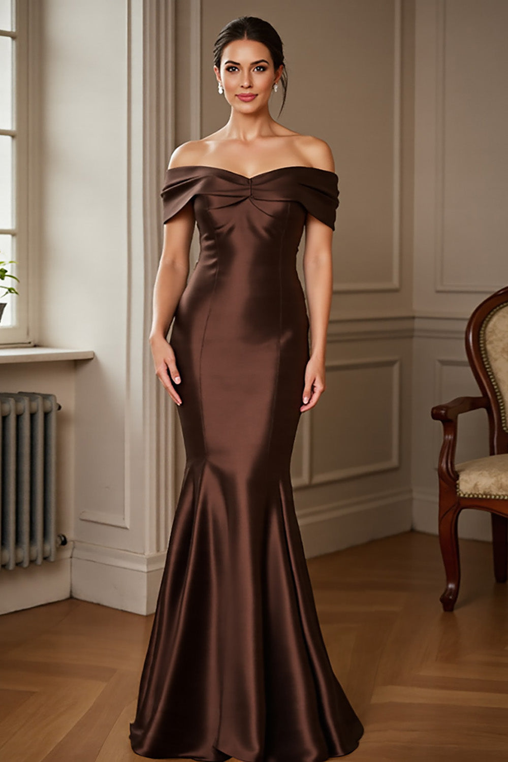 Mermaid Off The Shoulder Satin Brown Formal Dress
