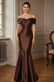Mermaid Off The Shoulder Satin Brown Formal Dress