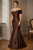 Mermaid Off The Shoulder Satin Brown Formal Dress