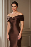Mermaid Off The Shoulder Satin Brown Formal Dress