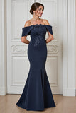 Off The Shoulder Mermaid Navy Appliqued Formal Dress