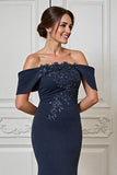 Off The Shoulder Mermaid Navy Appliqued Formal Dress