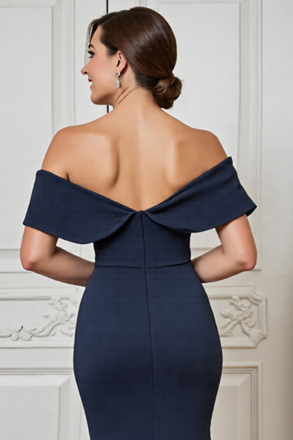 Off The Shoulder Mermaid Navy Appliqued Formal Dress