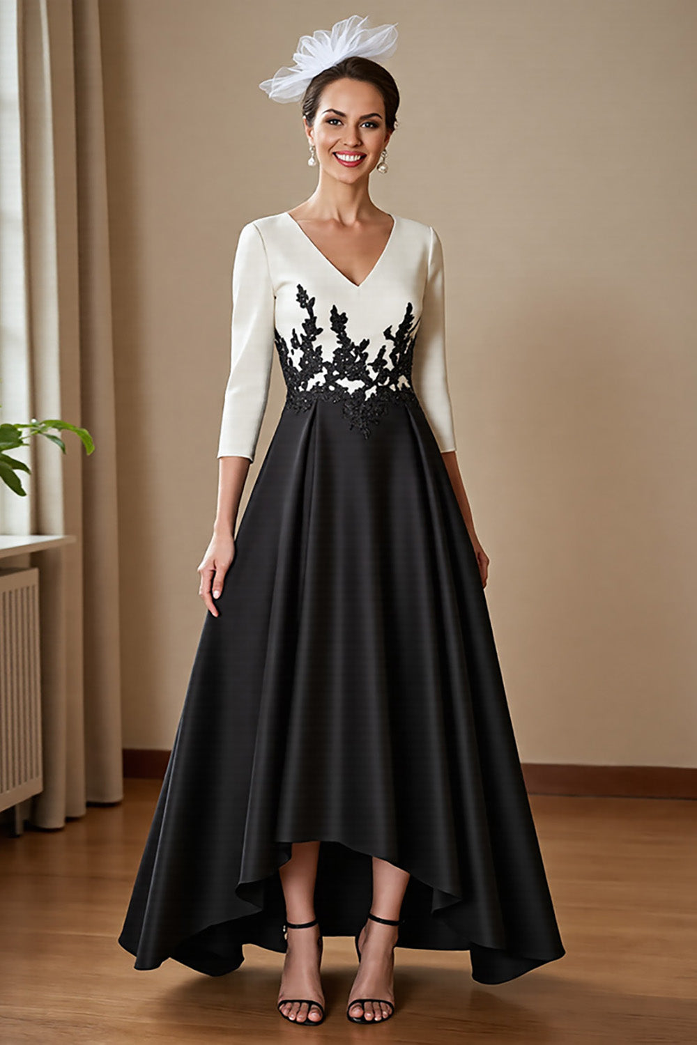 A Line Black Appliqued High-Low Mother Of The Bride Dress