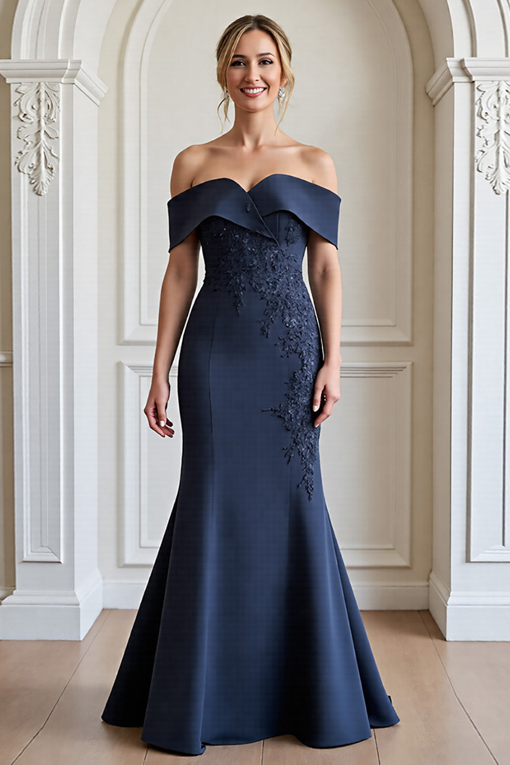 Navy Off The Shoulder Mermaid Appliqued Formal Dress