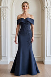 Navy Off The Shoulder Mermaid Appliqued Formal Dress