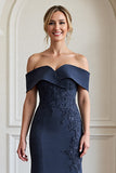 Navy Off The Shoulder Mermaid Appliqued Formal Dress