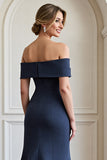 Navy Off The Shoulder Mermaid Appliqued Formal Dress