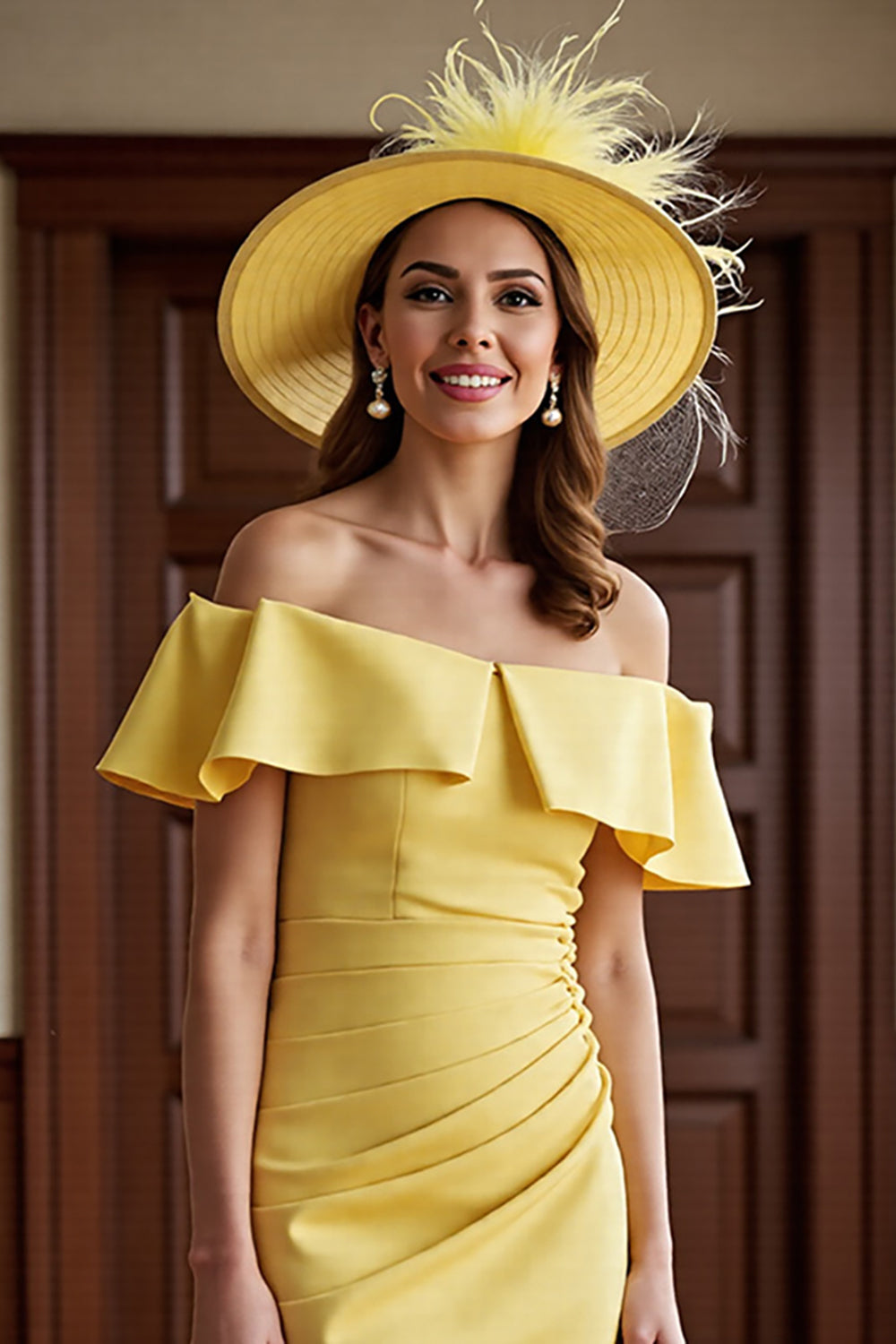 Off The Shoulder Daffodil Ruffled Ruched Mother of the Bride Dress