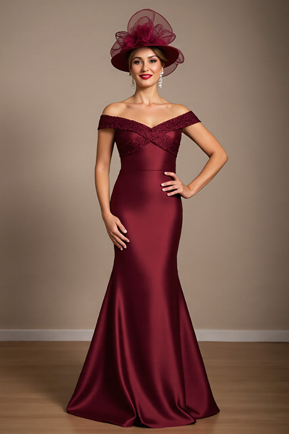 Mermaid Off The Shoulder Burgundy Satin Mother of the Bride Dress
