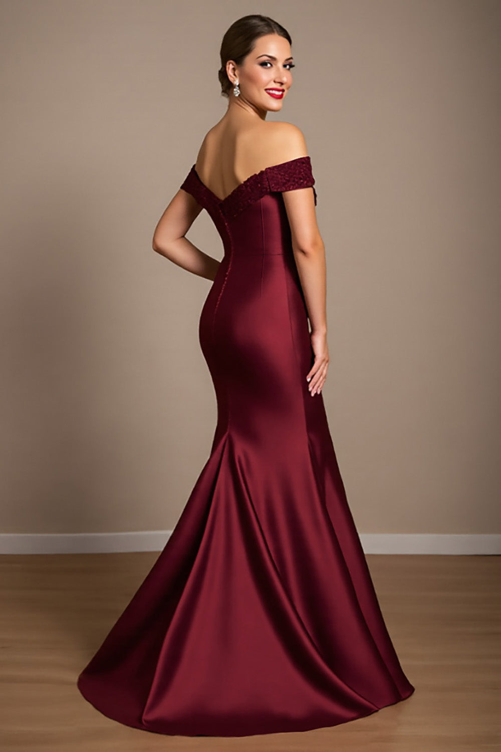 Mermaid Off The Shoulder Burgundy Satin Mother of the Bride Dress