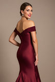 Mermaid Off The Shoulder Burgundy Satin Mother of the Bride Dress