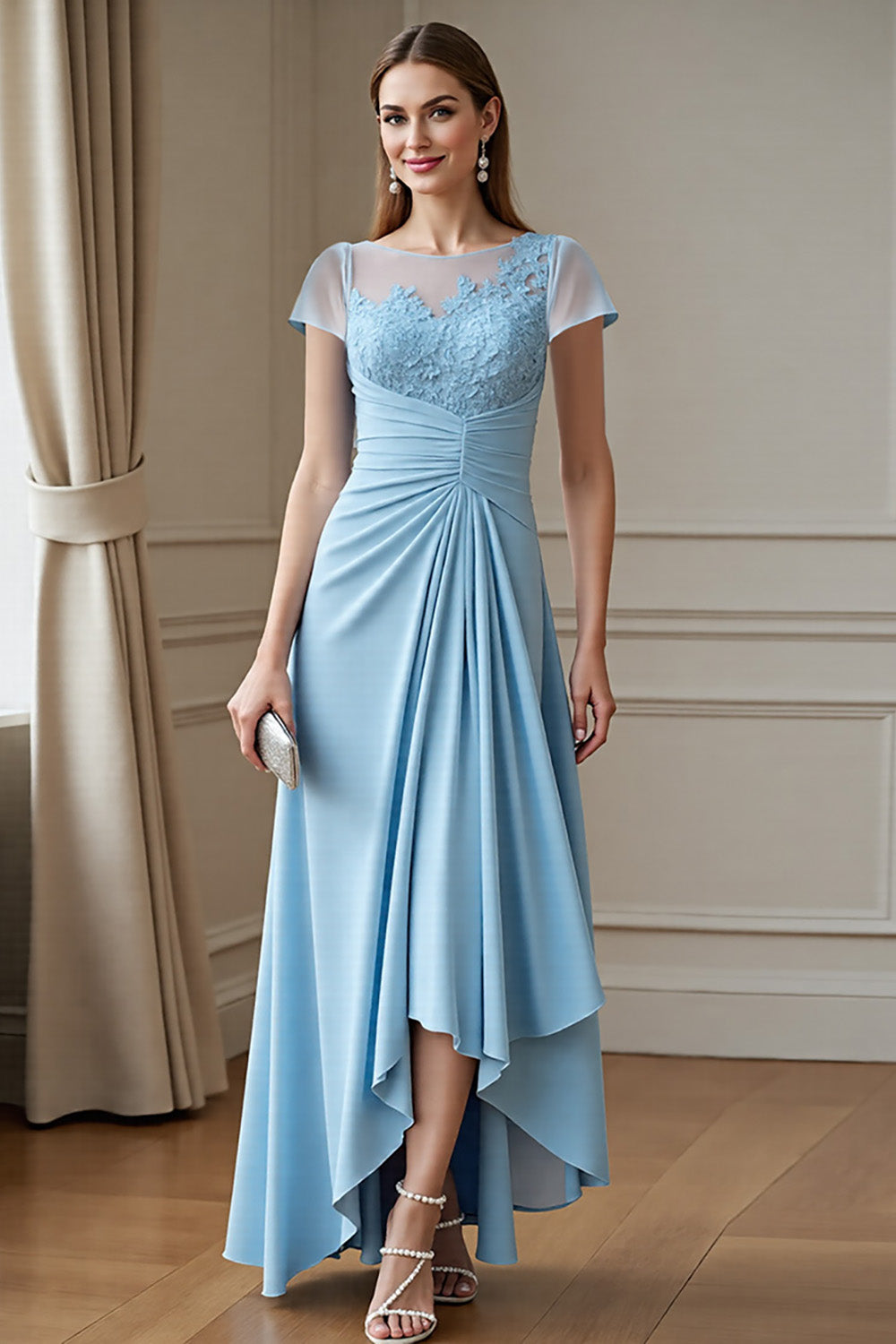 Sky Blue A Line Chiffon Appliqued Mother of the Bride Dress