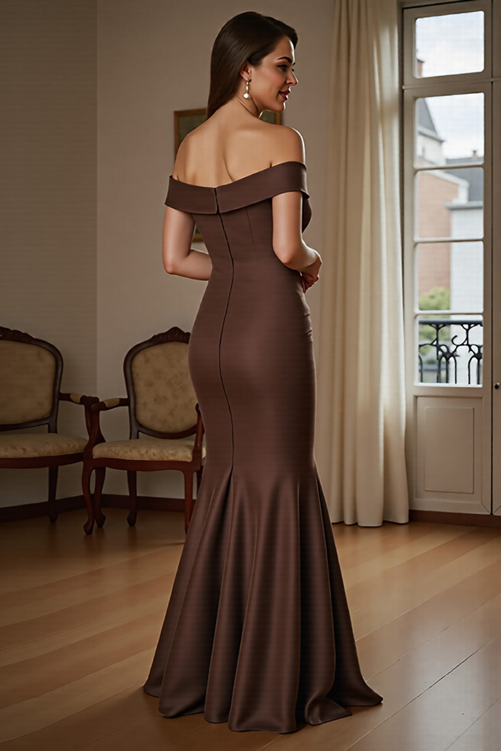 Mermaid Off The Shoulder Brown Formal Dress