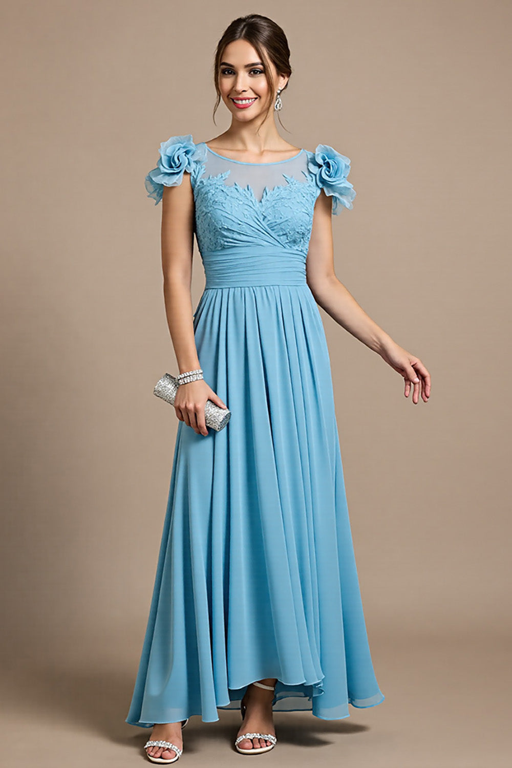 Sky Blue Appliqued A Line Mother of the Bride Dress with 3D Flowers