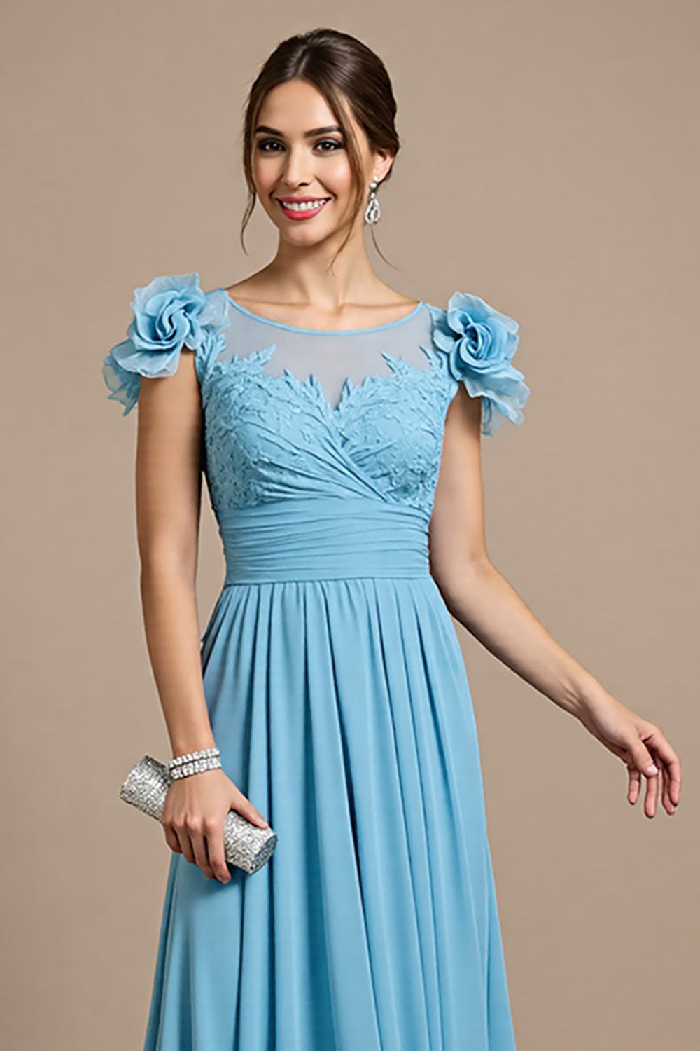 Sky Blue Appliqued A Line Mother of the Bride Dress with 3D Flowers